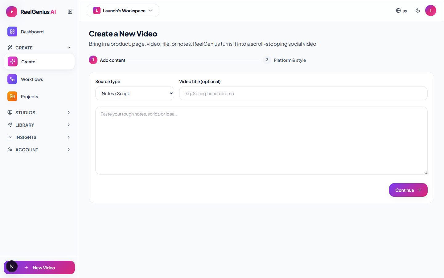 ReelGenius Create Video wizard — add a product, page, file, or notes