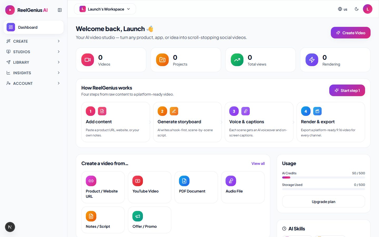 ReelGenius dashboard — four steps from content to platform-ready export