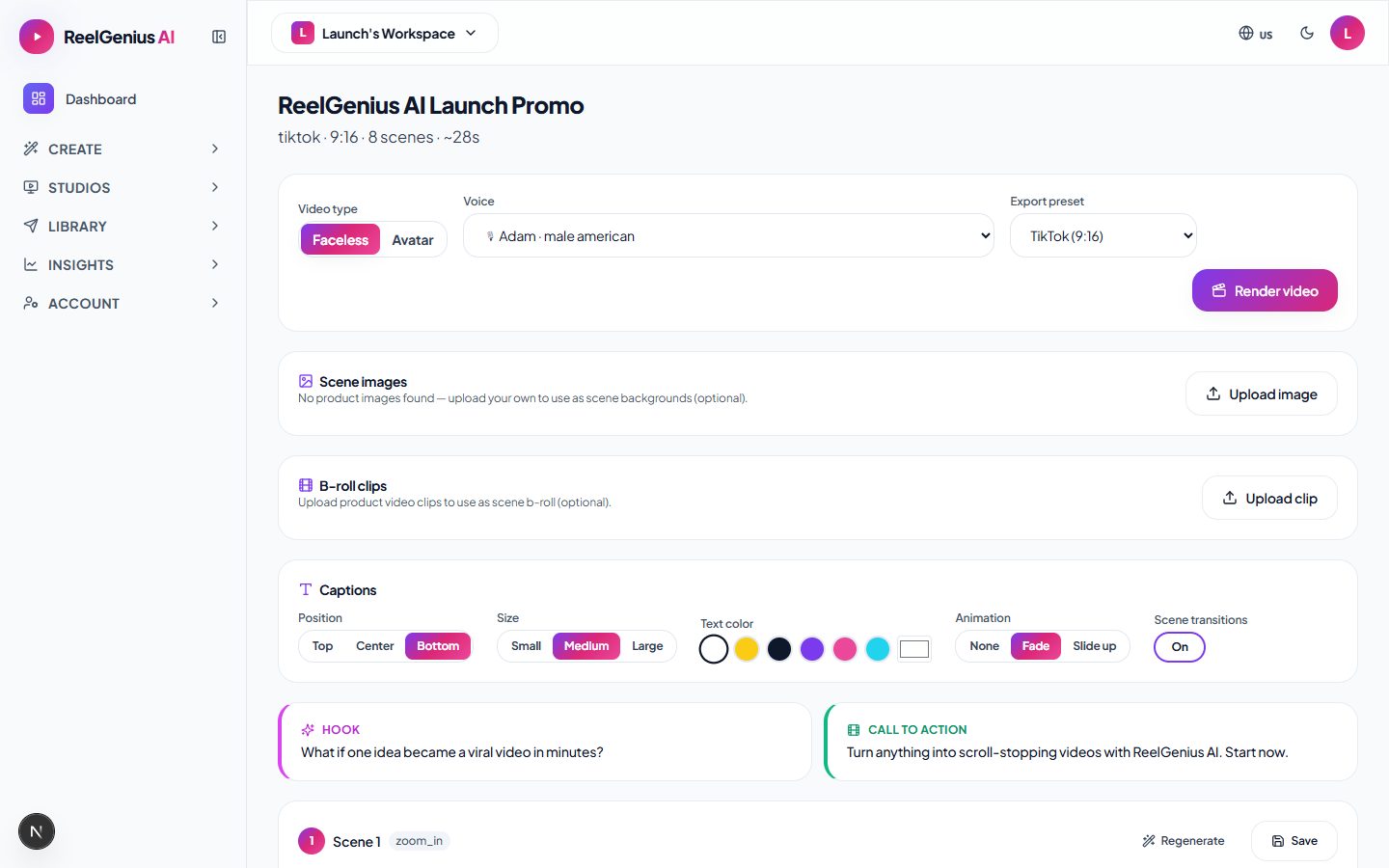 Scene-based storyboard editor with captions, voices, and transitions